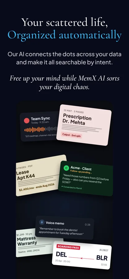 MemX organizing a scattered life — voice memos, PDF lease, client email, prescription, boarding pass and warranty cards laid out automatically