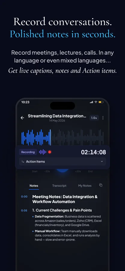 MemX recording a meeting with a live waveform, transcript, and auto-generated action items