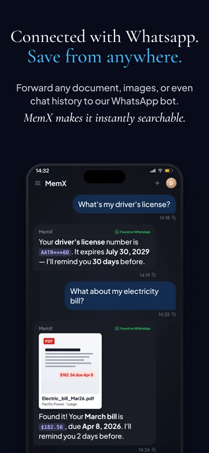 MemX on iPhone showing a WhatsApp-forwarded driver’s license and electricity bill being answered instantly